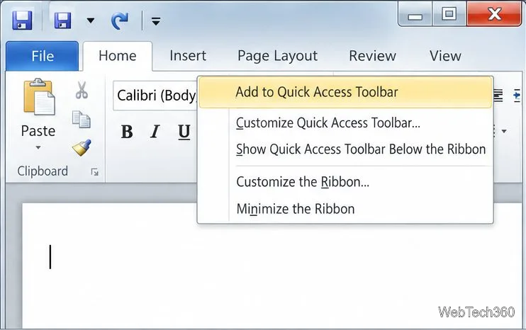 Office 2010スタイルのリボンコンテキストメニューで、「クイックアクセスツールバーに追加」がハイライト表示されています。