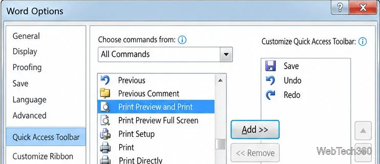 Office 2010 Wordのオプションダイアログで、「すべてのコマンド」、「印刷プレビュー」、「印刷」が選択され、「追加」ボタンが表示されている。