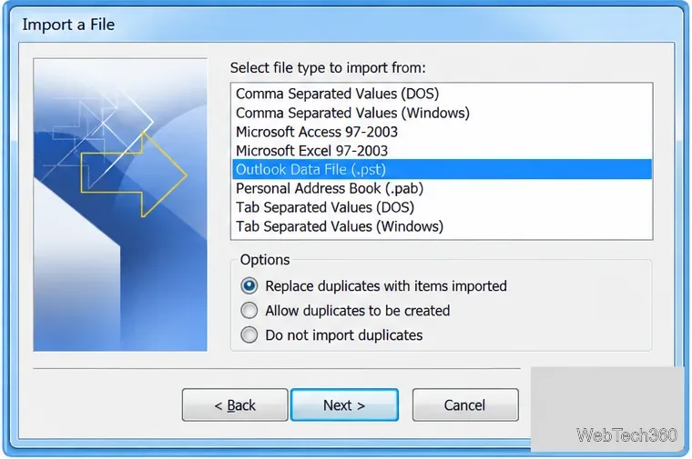 قائمة أنواع ملفات الاستيراد في Outlook 2010 مع تحديد ملف بيانات Outlook (.pst) وخيارات التكرار مرئية.