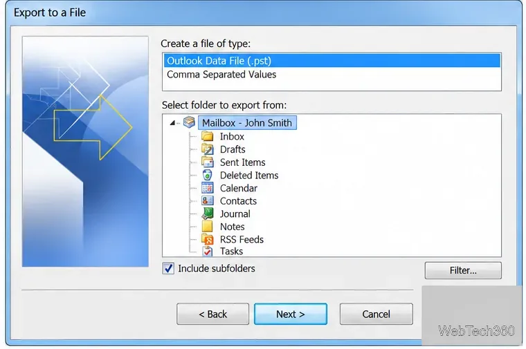 قم بالتصدير إلى معالج الملفات مع تحديد ملف بيانات Outlook (.pst)، وتحديد جذر علبة البريد، وتحديد خيار تضمين المجلدات الفرعية.