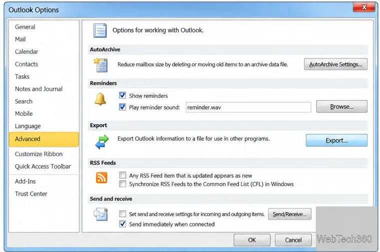 صفحة خيارات Outlook المتقدمة التي تعرض أمر التصدير.