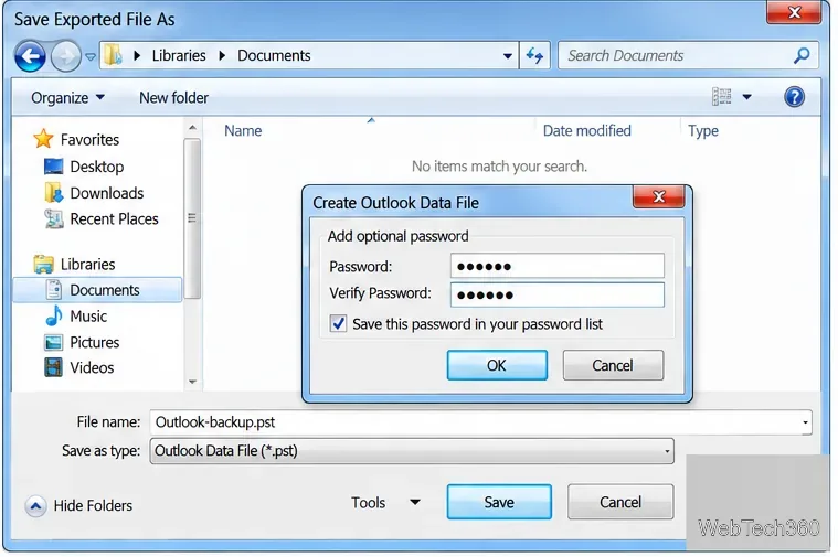 مربع حوار "حفظ الملف المصدر باسم" الذي يعرض ملف Outlook-backup.pst ومطالبة اختيارية بكلمة مرور مع إدخالات مخفية.