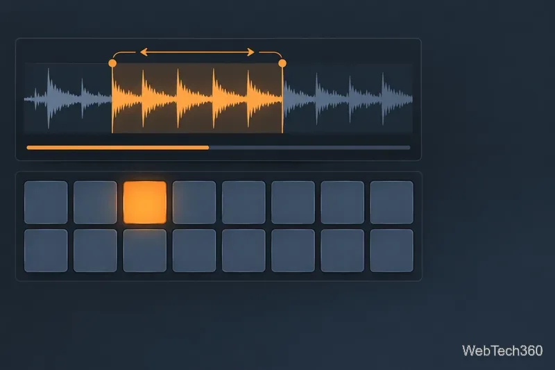 O secțiune evidențiată a unei forme de undă audio se află deasupra unei grile de pad-uri de sample-uri, reprezentând redarea în buclă.