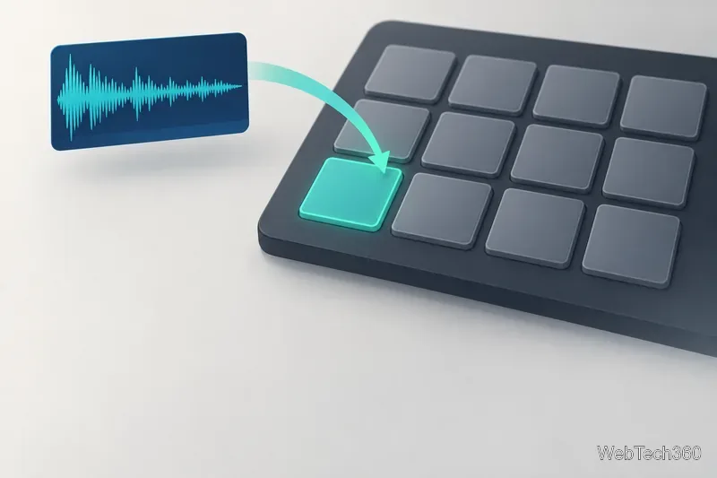 O dală de formă de undă audio se mișcă spre un pad de declanșare evidențiat într-o grilă de eșantionare în stil tastatură.