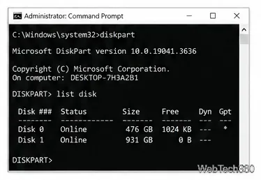 В командной строке администратора отображается вывод команды DiskPart list disk.