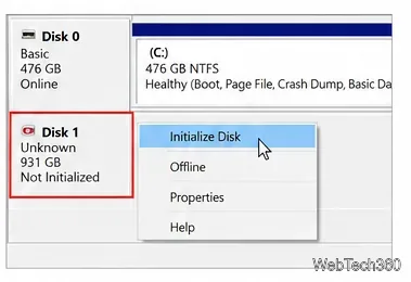 В диспетчере дисков Windows отображается диск с пометкой «Неизвестный» и «Не инициализированный», при этом выбран параметр «Инициализировать диск».