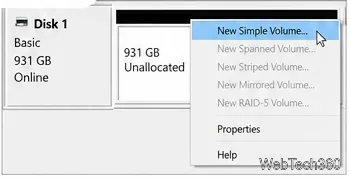 В диспетчере дисков Windows отображается новый простой том для нераспределенного пространства на жестком диске.