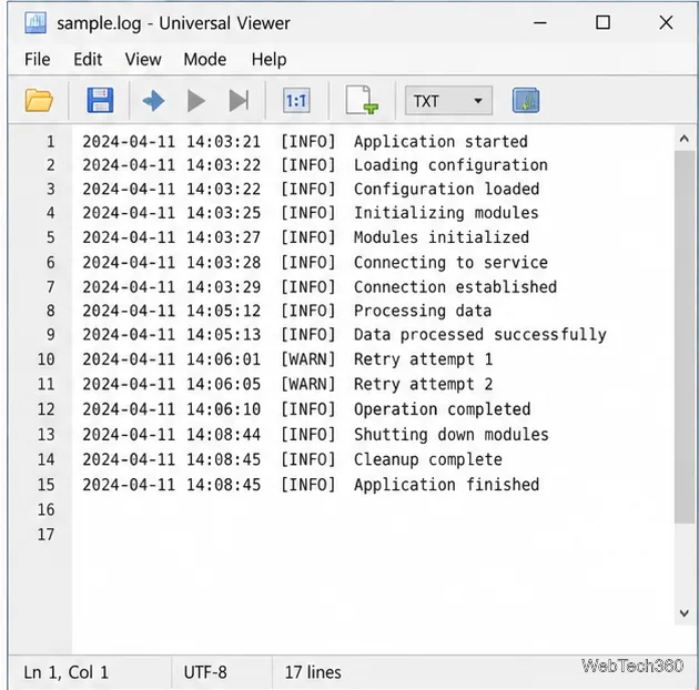Vizualizator universal care afișează un jurnal text eșantion cu numere de linie și un indicator de stare UTF-8