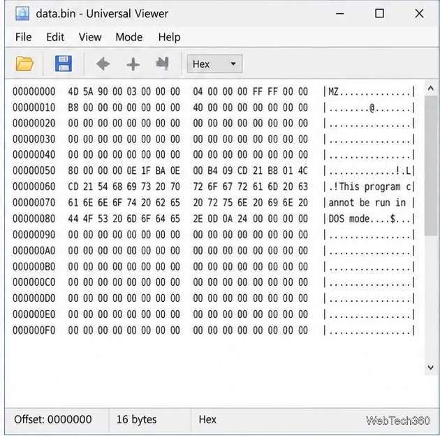 Modul hexadecimal Universal Viewer care afișează decalajele de octeți, valorile hexazecimale și o coloană de interpretare a textului