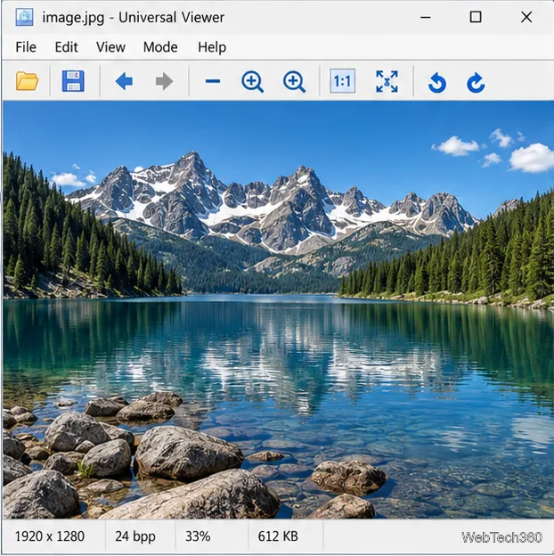 Modul de imagine Universal Viewer afișează o fotografie peisaj cu comenzi de zoom și detalii ale imaginii