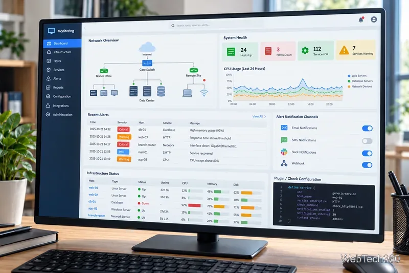 Dashboard di monitoraggio dell'infrastruttura con topologia, stato di salute del sistema, avvisi, canali di notifica e verifica della configurazione.