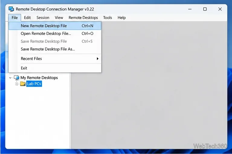 Gestionnaire de connexion Bureau à distance avec le menu Fichier ouvert et un groupe PC du laboratoire dans l'arborescence du serveur.
