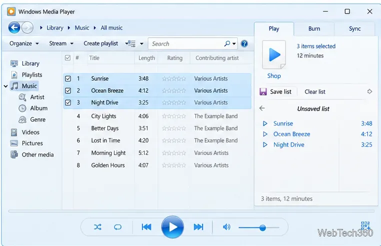 Windows Media Player affichant les pistes musicales sélectionnées, le volet Liste de lecture et la commande Enregistrer la liste.