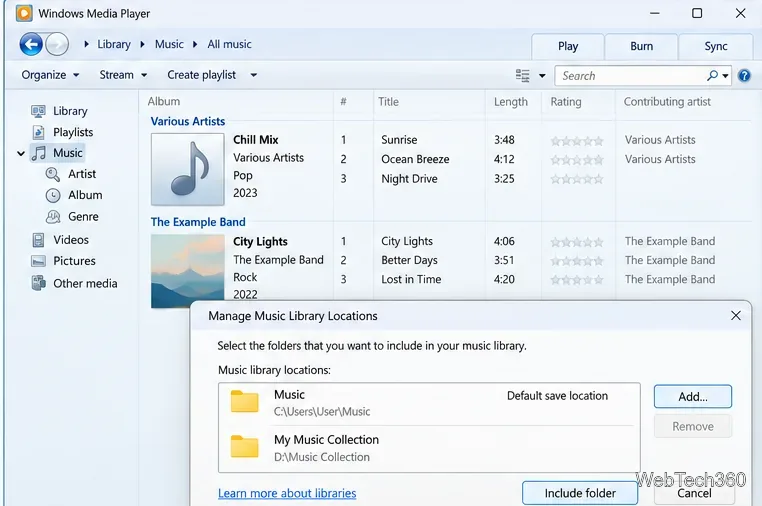 Bibliothèque musicale de Windows Media Player à côté de Gérer les emplacements de la bibliothèque musicale avec un dossier de collection supplémentaire.