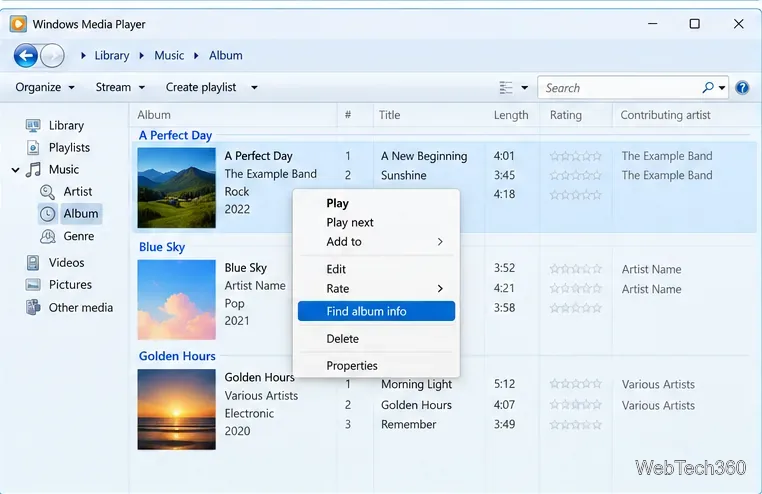 Affichage des albums dans Windows Media Player, avec l'option « Rechercher les informations de l'album » mise en évidence dans le menu contextuel de l'album.