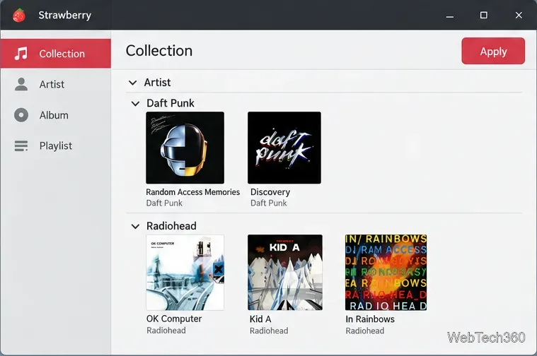 Collection Fraise affichant les albums regroupés par artistes après numérisation