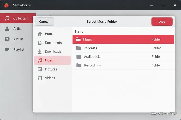 Un sélecteur de dossiers Linux avec le répertoire Musique sélectionné pour Strawberry