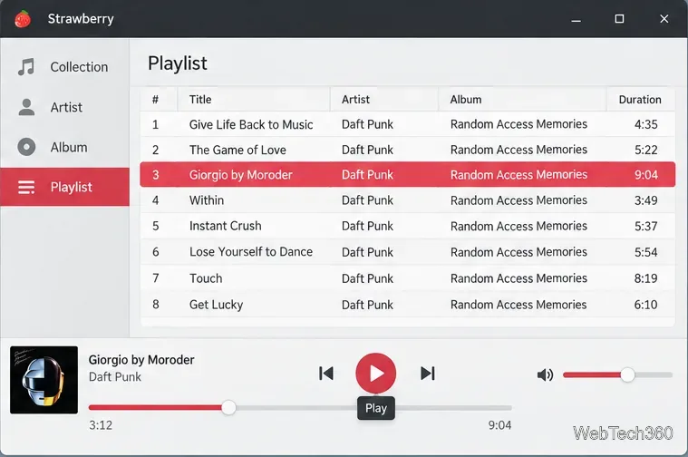 Liste de lecture Strawberry affichant les titres des morceaux, les artistes, les albums et les commandes de lecture