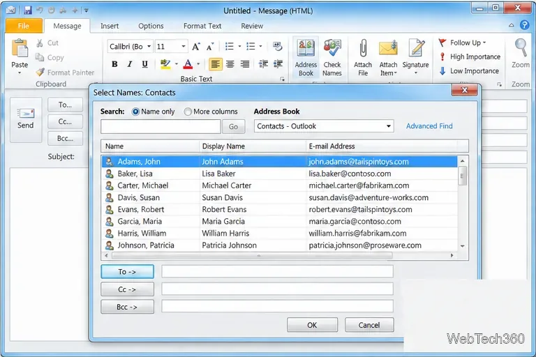 Outlook 2010のメールウィンドウ。アドレス帳の「名前の選択」ダイアログ、連絡先行、検索ボックス、および「宛先」、「CC」、「BCC」コントロールが表示されます。