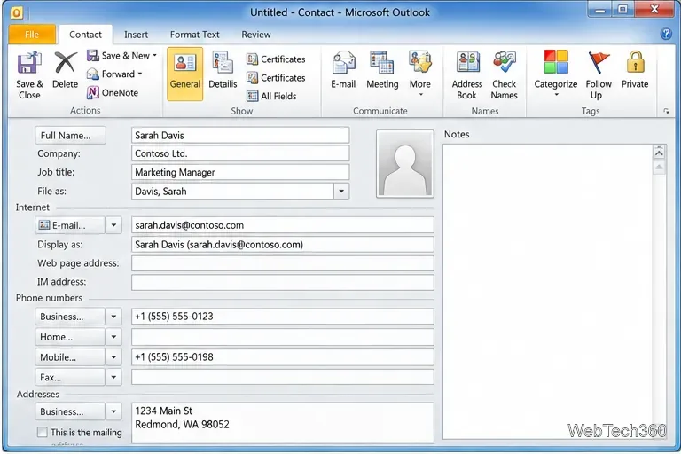 Outlook 2010 の連絡先フォーム。名前、会社名、メールアドレス、電話番号、住所、メモ欄があります。