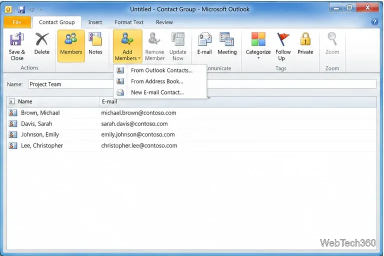 Outlook 2010の連絡先グループウィンドウ。グループ名、メンバー一覧、および「メンバーの追加」メニューが表示されています。