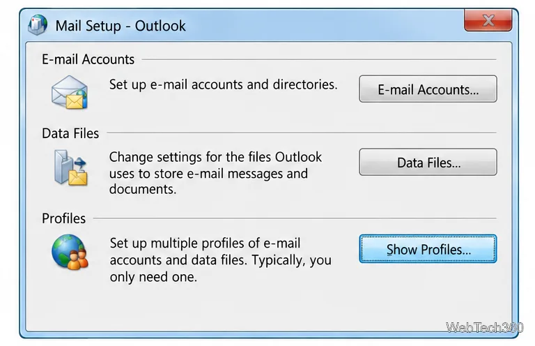 メール設定 - Outlookウィンドウで、「電子メールアカウントとデータファイル」の下に「プロファイルの表示」がハイライト表示されている状態。