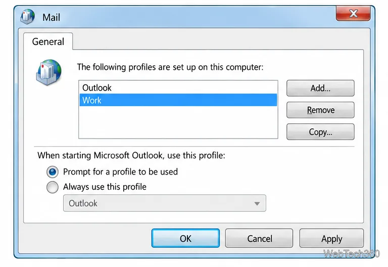 メールプロファイル設定には、OutlookとWorkが一覧表示され、追加、削除、コピー、および起動時の選択コントロールが備わっています。