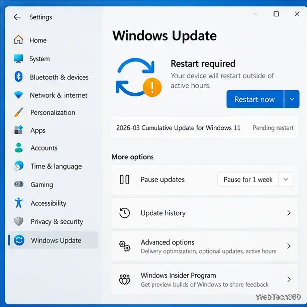 Иллюстрация страницы настроек Центра обновления Windows, демонстрирующая необходимость перезагрузки перед повторной попыткой установки программного обеспечения.