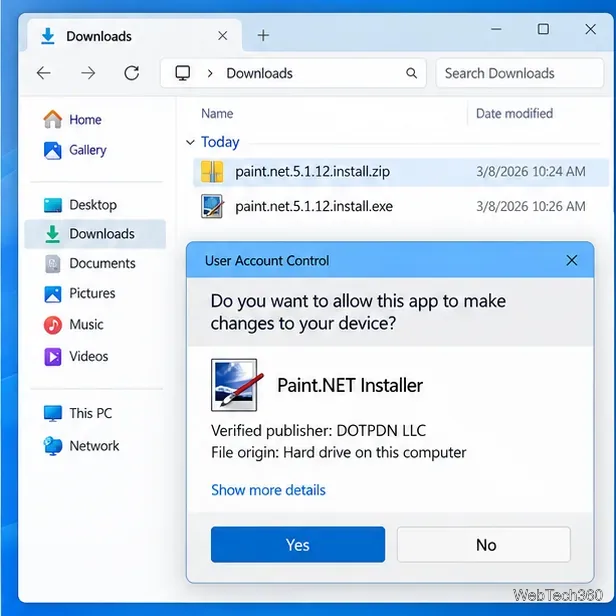 Иллюстрация проводника Windows и запроса контроля учетных записей пользователей для установщика Paint.NET, где в качестве проверенного издателя указана компания DOTPDN LLC.