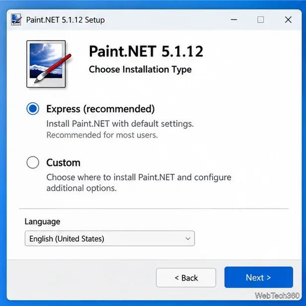 Иллюстрация окна установки Paint.NET, где в качестве рекомендуемого типа установки указан Express, а ниже — Custom.