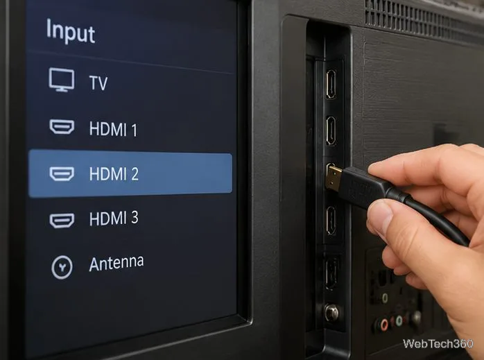 TV input list with HDMI 2 selected beside the television’s HDMI ports