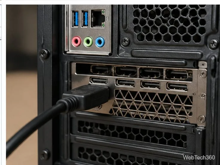 Desktop PC rear panel with HDMI cable connected to a graphics-card output
