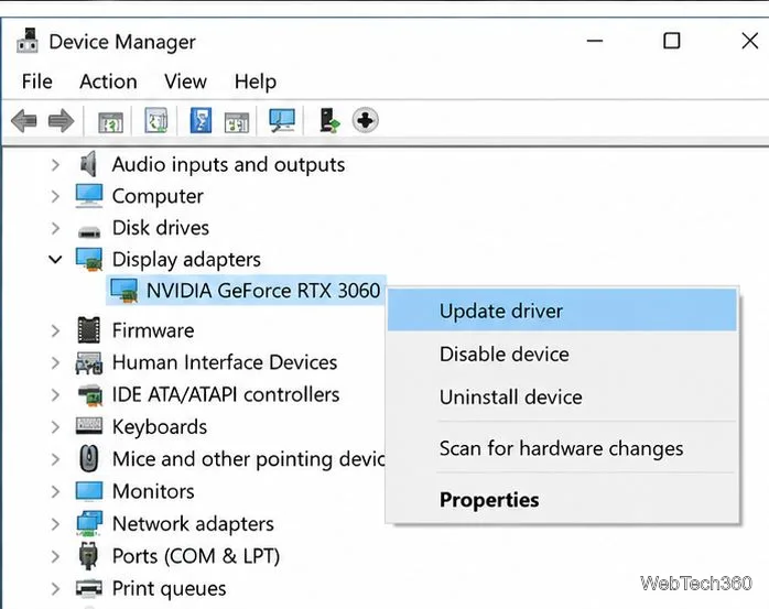 Device Manager with Display adapters expanded and Update driver highlighted