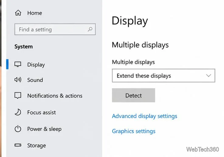 Windows 10 Display settings with Multiple displays and Detect controls