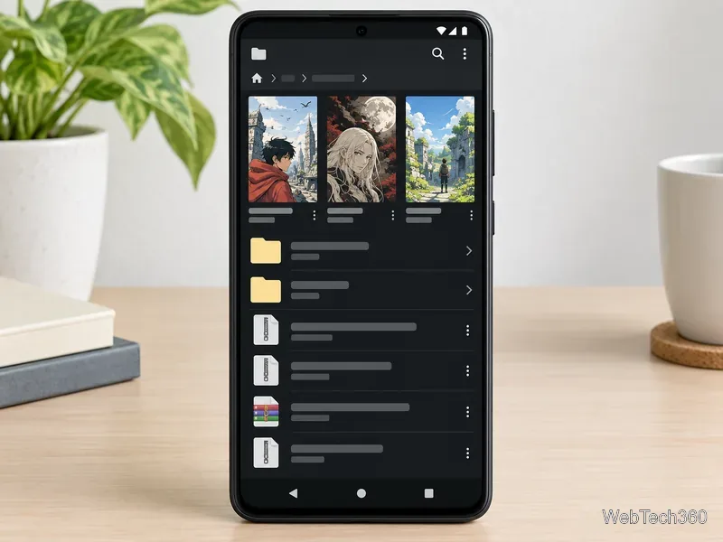 Explorateur de fichiers Android conceptuel avec vignettes de couvertures de bandes dessinées, dossiers et icônes d'archives compressées
