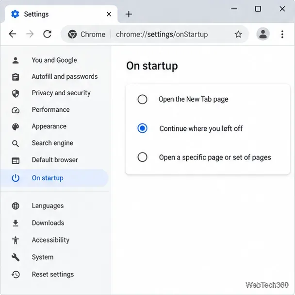 Chromeの設定画面で、「前回の続きから再開」が選択されている場合