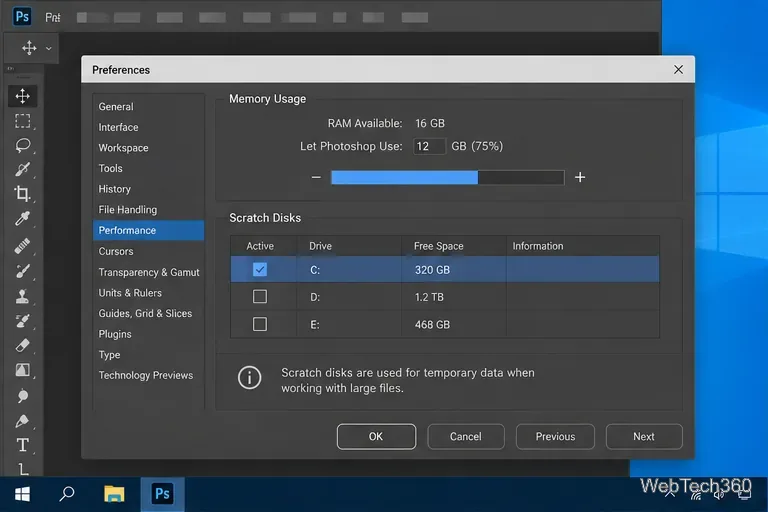 หน้าต่างการตั้งค่า Photoshop แสดงรายการดิสก์ชั่วคราว (Scratch Disks) พร้อมไดรฟ์ต่างๆ และค่าพื้นที่ว่าง