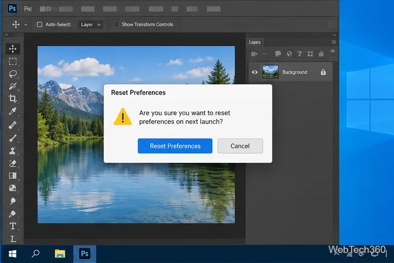 พื้นที่ทำงาน Photoshop แสดงอยู่ด้านหลังกล่องโต้ตอบยืนยันเพื่อรีเซ็ตการตั้งค่าในการเปิดใช้งานครั้งถัดไป