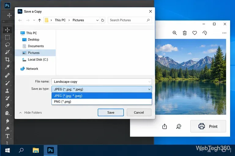 หน้าต่างบันทึกสำเนาพร้อมตัวเลือก JPEG และ PNG อยู่เหนือโปรแกรมดูภาพที่มีปุ่มพิมพ์