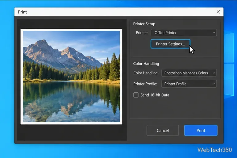 หน้าต่างการพิมพ์ของ Photoshop พร้อมตัวอย่างการพิมพ์และการควบคุมการจัดการสี อยู่ข้างๆ การตั้งค่าเครื่องพิมพ์