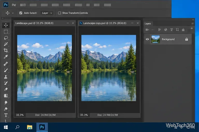เอกสารภาพทิวทัศน์ของ Photoshop สองฉบับจะเปิดขึ้นในแท็บแยกกันข้างๆ แผงเลเยอร์