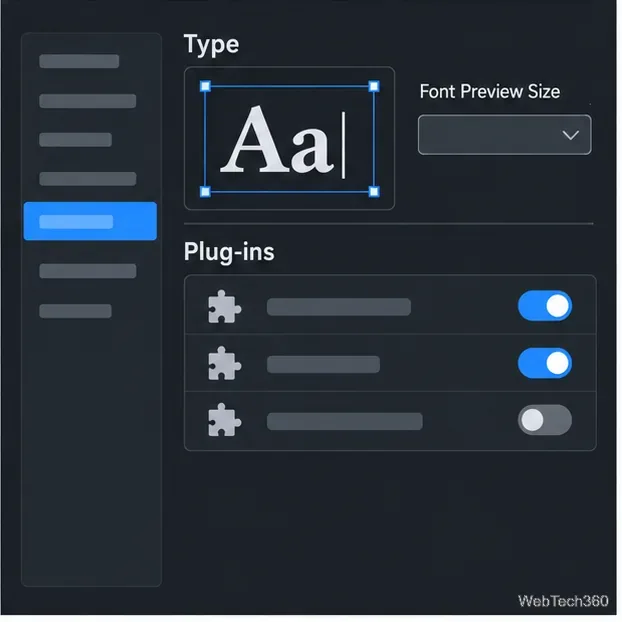 Zonele de preferințe pentru Tip ilustrativ și Plug-in-uri, lângă text eșantion editabil și o listă de extensii generice.