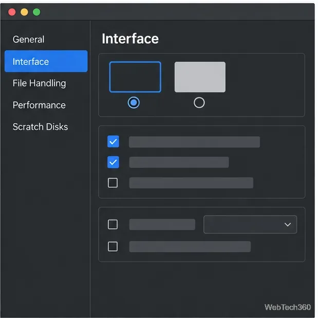 Preferințe ilustrative pentru interfață cu opțiuni de aspect pentru spațiul de lucru întunecat și luminos și controale pentru comportamentul panoului.
