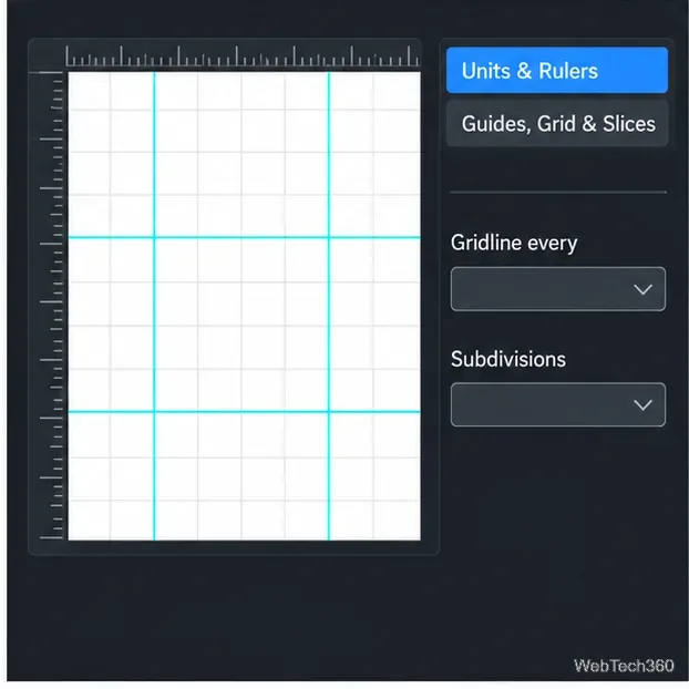 Pânză ilustrativă pentru documente cu rigle, ghidaje cyan, o grilă și controale Ghiduri, Grilă și Felii.