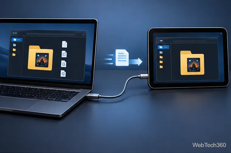 Ноутбук передаёт папку с компьютерной игрой по USB-кабелю на планшет Android.