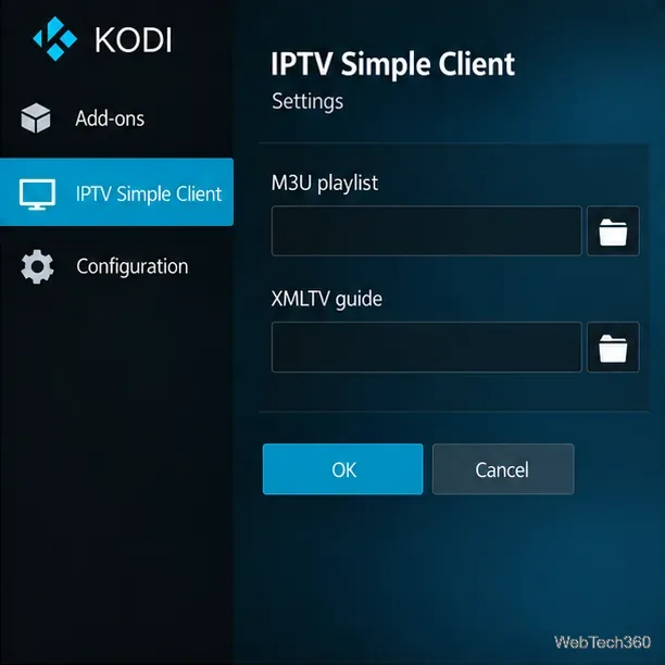 Настройки простого IPTV-клиента в стиле Kodi с пустыми полями для плейлиста M3U и местоположения телегида XML.