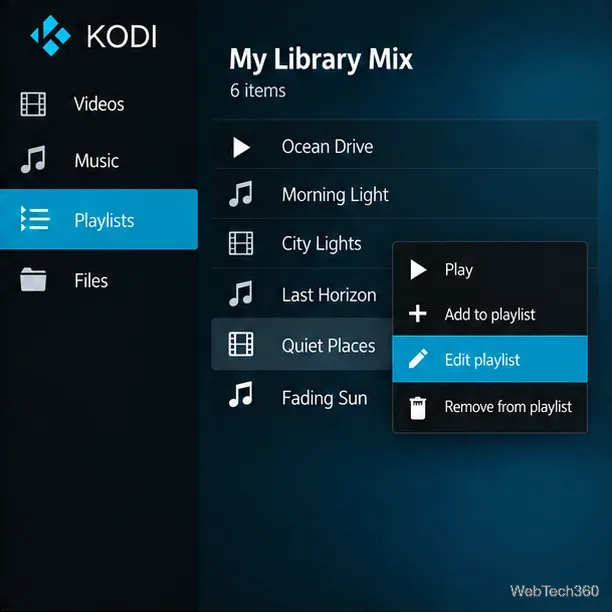 Плейлист библиотеки в стиле Kodi под названием My Library Mix с контекстным меню, выделяющим пункт «Редактировать плейлист».