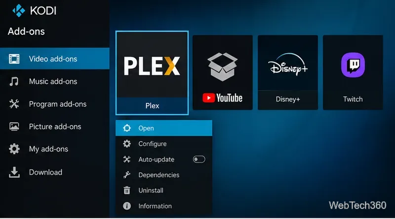 Kodiにインストールされたビデオアドオンの表示画面で、Plexタイルが選択され、「開く」がハイライト表示されている。
