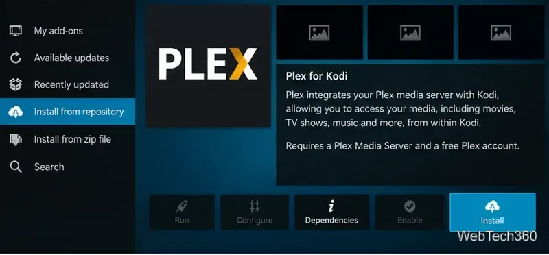 Plex for Kodiの情報画面(インストールボタンが表示されている)