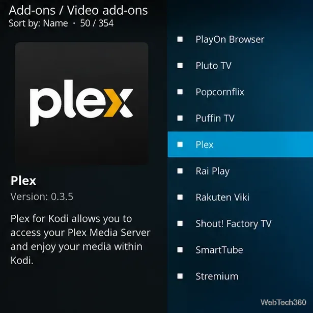 Plexがハイライト表示され、その説明が表示されているKodiビデオアドオンリスト。
